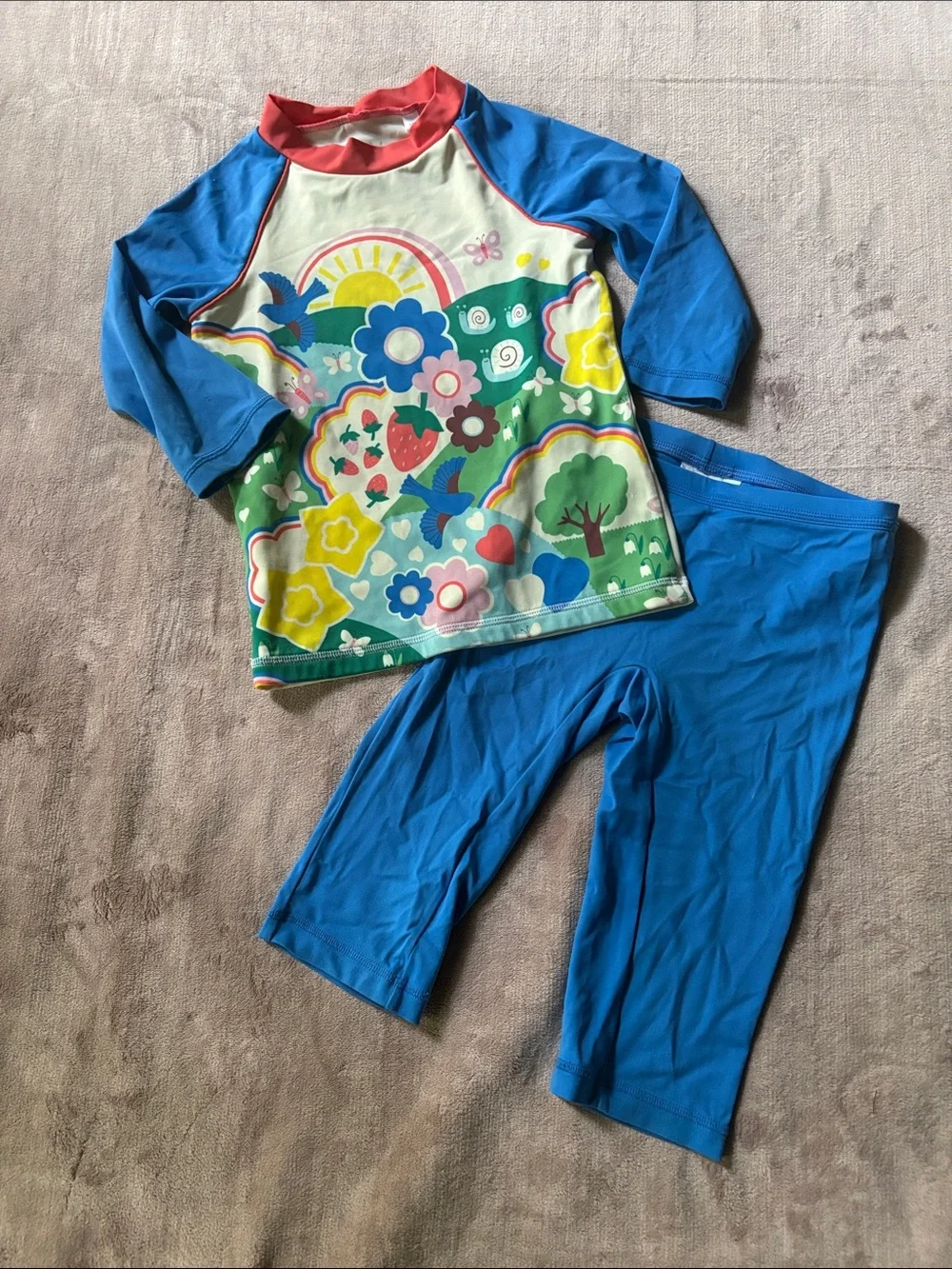 Mini Boden Girls Bright Floral & Bird Rash Guard Set in Blue and Green